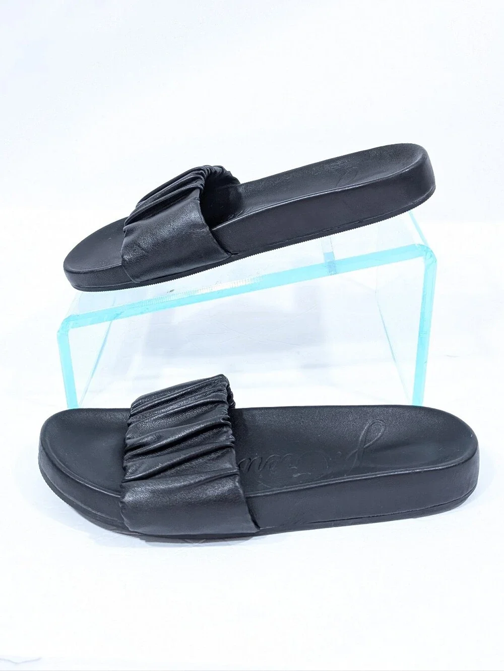 J Crew Pacific Black Leather Slides 7.5 Women Slip on Sandals scrunchie